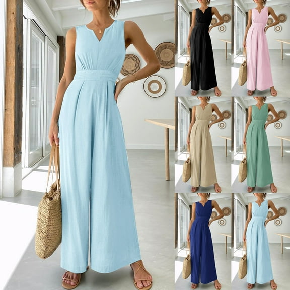 Summer Fashion Jumpsuits for Women Dressy Plus Size Solid Casual Sleeveless Suspender Long