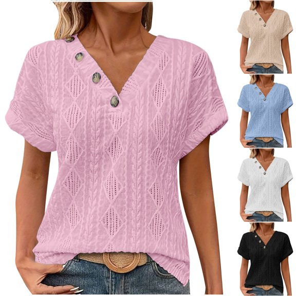 Summer Fashion Ladies Shirts Plus Size Casual Short Sleeve Solid Color Pullover Blouse