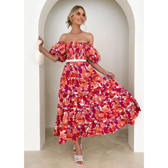 Summer Fashion Lantern Sleeve High Waist Off-Shoulder Printed Dress