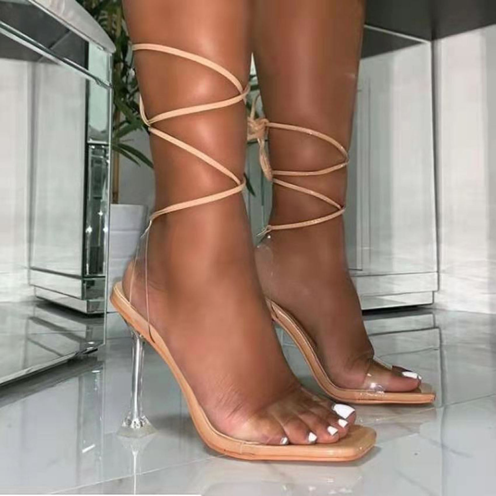 Ladies Summer Fashion Big Size Transparent Glass Heel High Heels Sandals