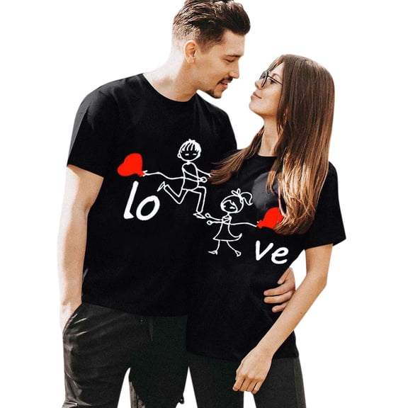 Summer Fashion Loose Fun Couple Print Short Sleeve Couple T-shirt Couple Wear,Black,M
