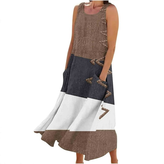Summer Fashion Maxi Beach Dresses for Womens 2025 Sleeveless And Linen Round Neck Printed Long Dress