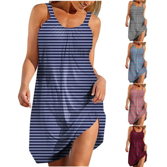 Summer Fashion Mini Beach Dresses for Womens 2025 Casual Printed Round-Neck Sleeveless Loose Knee-Length Dress