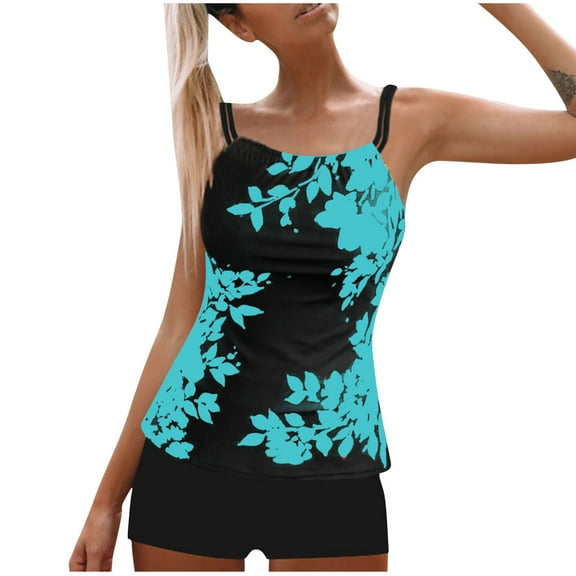 Summer Fashion One Piece Tankini Swimwear for Womens Plus Size Leaf Print Suspender With Chest Pad Swimsuit Shorts Two-piece Conservative Swimsuit Beach Swimsuit