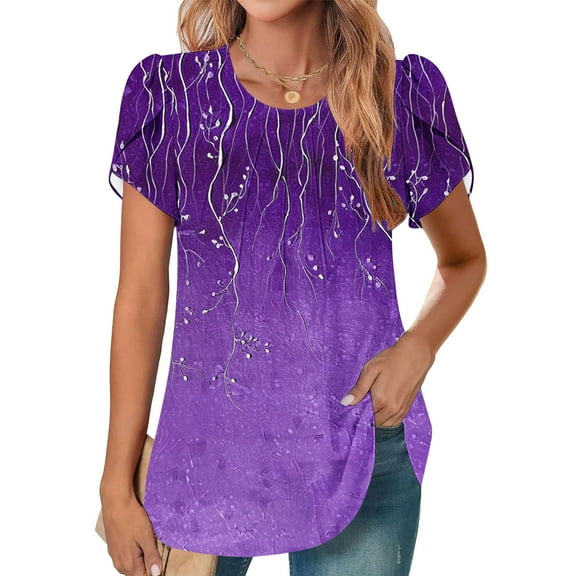 Summer Fashion Oversize Shirts for Womens 2025 Short Sleeve Round Neck Cover Casual Pleated Tunic Top Curved Hem Printed Top