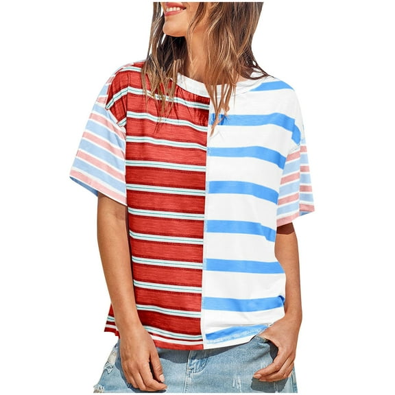 Summer Fashion Oversize Shirts for Womens 2025 Striped Shirt Casual Color Blocked Short Sleeved Top Loose Round Neck T-shirt