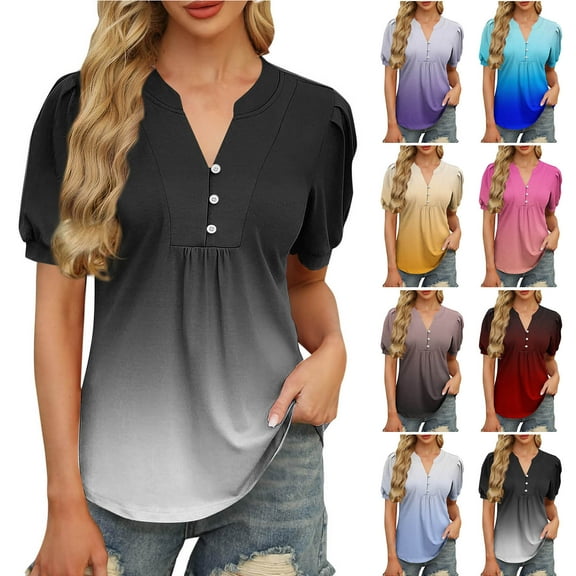 Summer Fashion Oversize Shirts for Womens Casual Print V-Neck Short Sleeve Casual Blouse