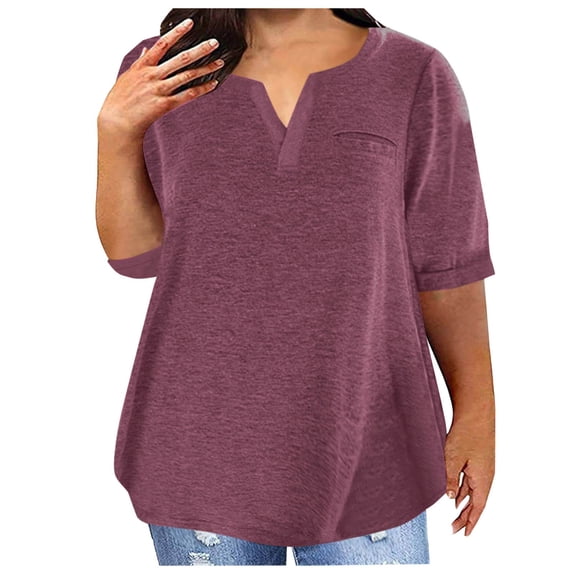 Summer Fashion Oversize Shirts for Womens V-neck Solid Color Five Minute Sleeves Oversized T-shirt Top