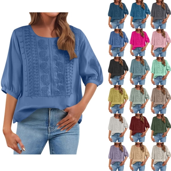 Summer Fashion Overszie Shirts for Womens Cotton and Linen Casual Round Neck Embroidery Loose T-shirt Thin Breathable Top