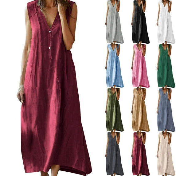 Summer Fashion Plus Size Dresses for Women Trendy Clothes 2025 Cotton And Linen Solid Color Causal Turndown Collar Sleeveless Button Up to 65% off!