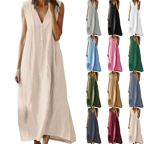 Summer Fashion Plus Size Dresses for Women Trendy Clothes 2025 Cotton And Linen Solid Color Causal Turndown Collar Sleeveless Button Up to 65% off!