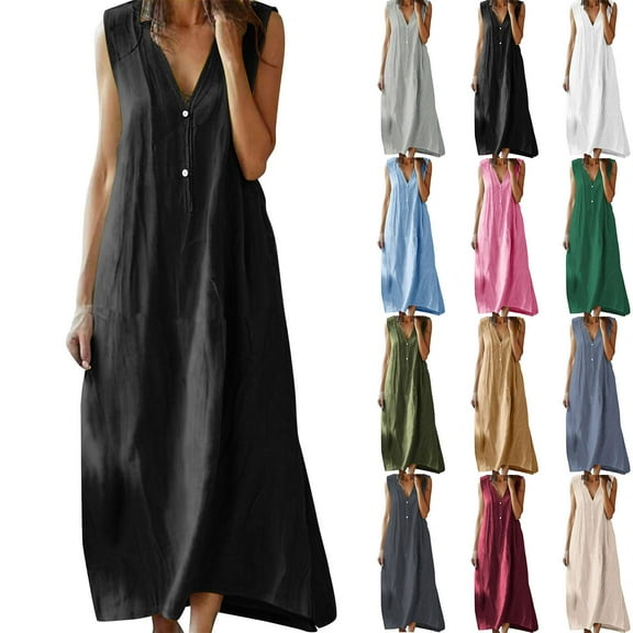 Summer Fashion Plus Size Dresses for Women Trendy Clothes 2025 Cotton And Linen Solid Color Causal Turndown Collar Sleeveless Button Up to 65% off!