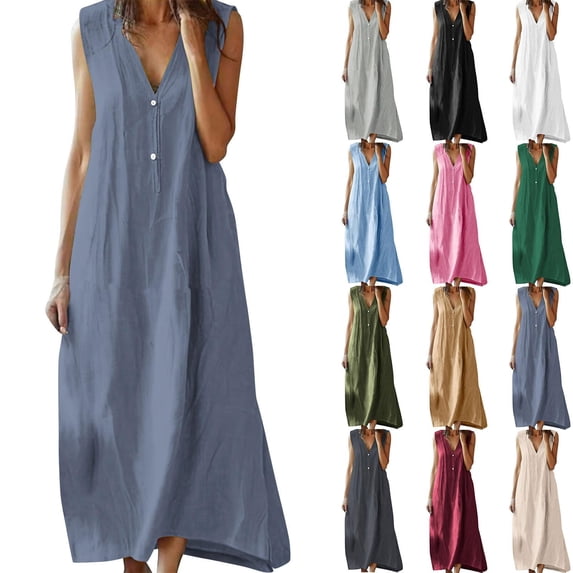 Summer Fashion Plus Size Dresses for Women Trendy Clothes 2025 Cotton And Linen Solid Color Causal Turndown Collar Sleeveless Button Up to 65% off!