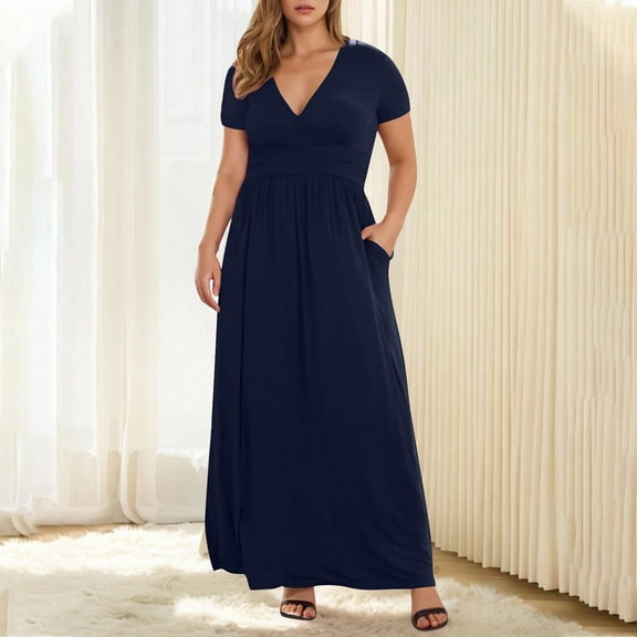 Summer Fashion Plus Size Dresses for Women Trendy Clothes 2025 V-Neck Short Sleeve Maxi Solid Pockets Stylish Comfortable Up to 65% off!