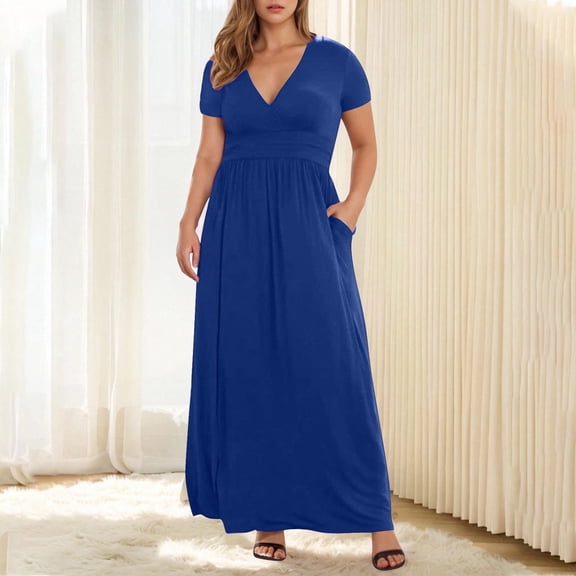 Summer Fashion Plus Size Dresses for Women Trendy Clothes 2025 V-Neck Short Sleeve Maxi Solid Pockets Stylish Comfortable Up to 65% off!