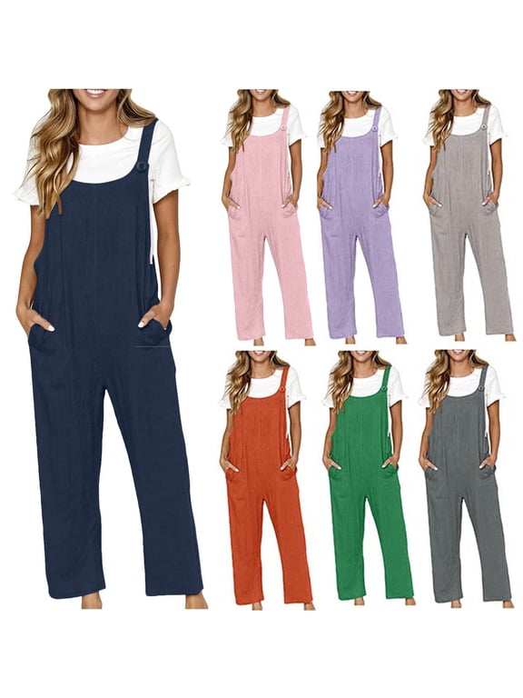 Summer Fashion Plus Size Jumpsuits for Women Petite Casual Loose Baggy Pocket Jumpsuit Playsuit Trousers Overalls Cotton And Linen Jumpsuit