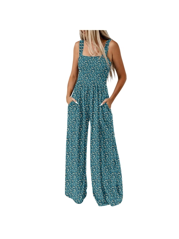 Summer Fashion Plus Size Jumpsuits for Women Petite Elastic Waist Loose Printing Sleeveless Pockets Wide Leg Long Pant Jumpsuit