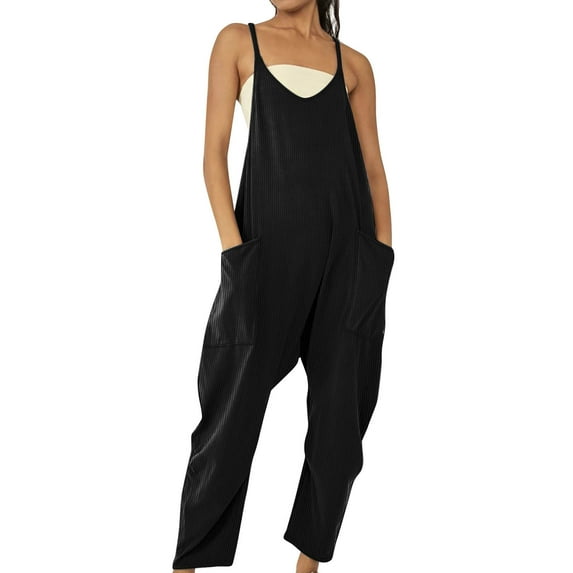 Summer Fashion Plus Size Jumpsuits for Women Petite Elastic Waist Solid Color Casual With Pockets Outing Long Pants Jumpsuit Save to 65% off!