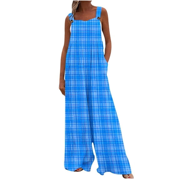 Summer Fashion Plus Size Jumpsuits for Women Petite Printed Jumpsuit Casual Button Pocket Sleeveless Wide Leg Trousers