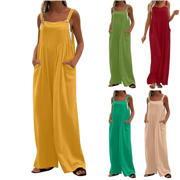 Summer Fashion Plus Size Jumpsuits for Women Petite Printed Jumpsuit Casual Button Pocket Sleeveless Wide Leg Trousers