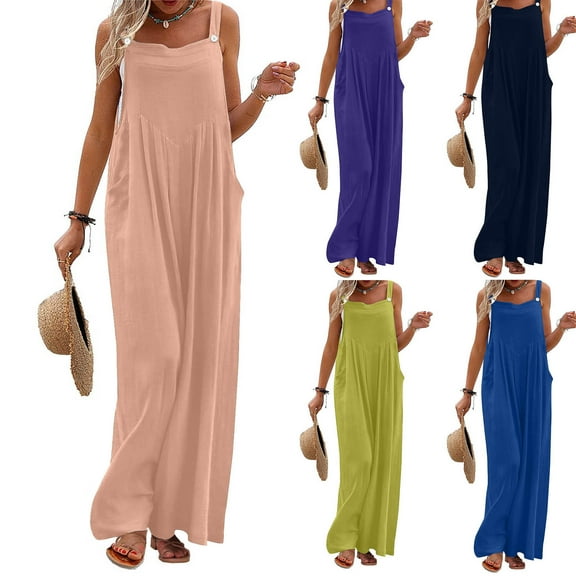 Summer Fashion Plus Size Jumpsuits for Women Petite Printed Jumpsuit Casual Button Pocket Sleeveless Wide Leg Trousers