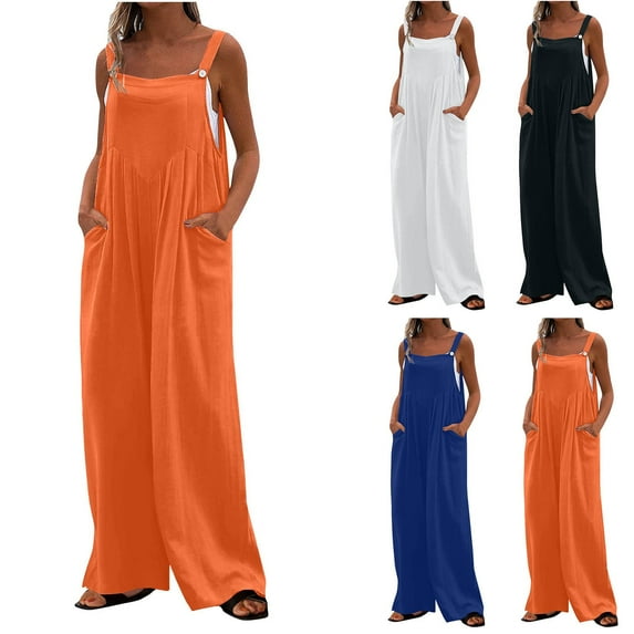 Summer Fashion Plus Size Jumpsuits for Women Petite Printed Jumpsuit Casual Button Pocket Sleeveless Wide Leg Trousers