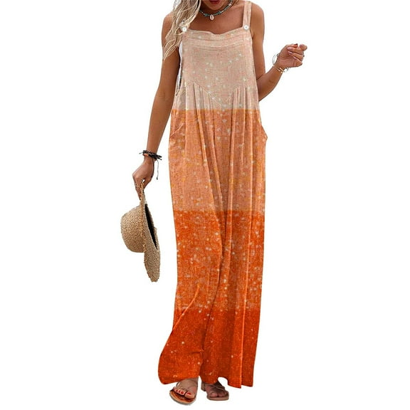 Summer Fashion Plus Size Jumpsuits for Women Petite Printed Jumpsuit Casual Button Pocket Sleeveless Wide Leg Trousers