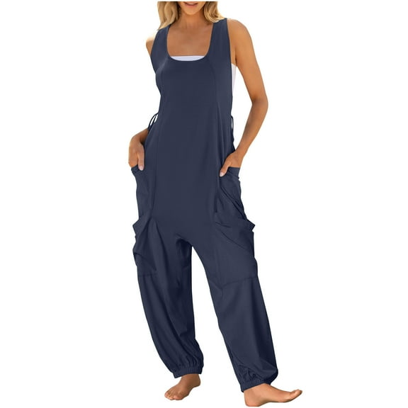 Summer Fashion Plus Size Jumpsuits for Women Petite Solid Color Casual Round Neck Sleeveless Waist Pocket Sports Jumpsuit Pants Save to 65% off!