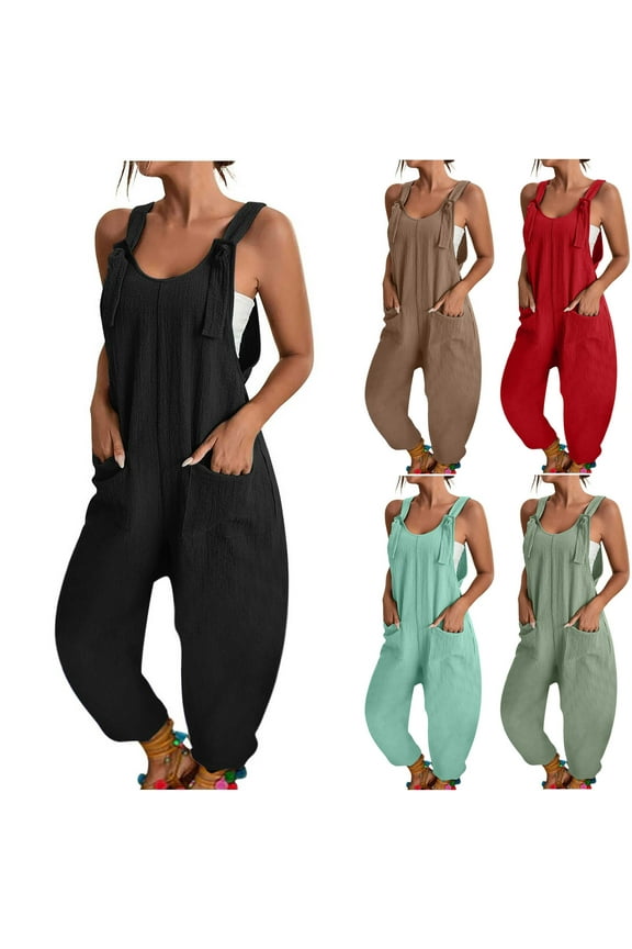 Summer Fashion Plus Size Jumpsuits for Women Petite Solid Color Casual Sleeveless Suspender Jumpsuit
