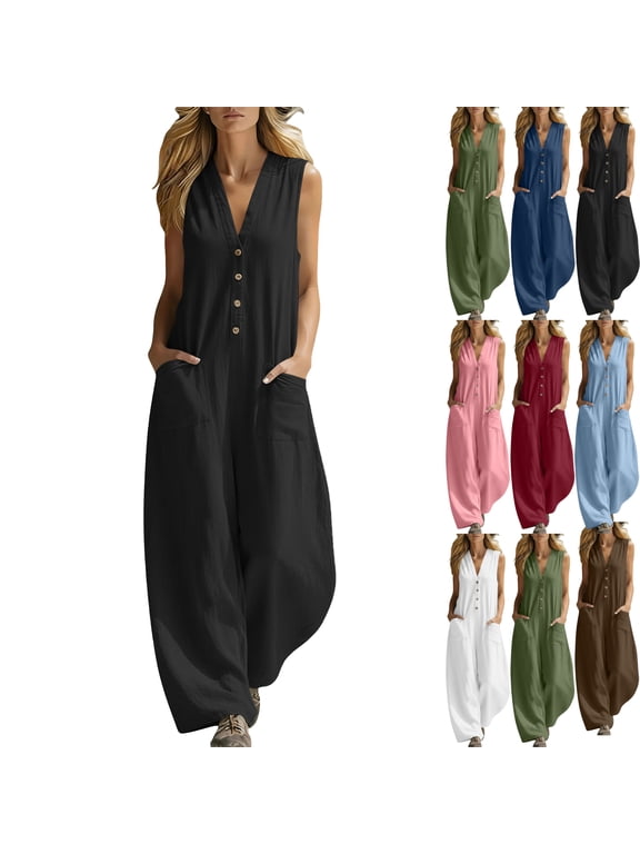 Summer Jumpsuit for Womens Fashion Oversize Casual Cotton and Linen Solid Color Sleeveless Jumpsuit