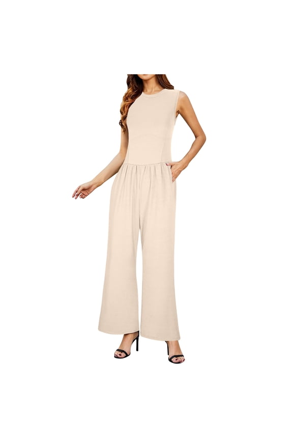 Summer Fashion Plus Size Jumpsuits for Women Petite Solid Color Sleeveless Wide Leg Jumpsuit Dressy Ribbed Jumpsuit With Tank Romper