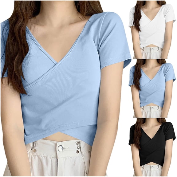 Summer Fashion Plus Size Shirts for Women Trendy Clothes 2026 New Solid Color Shorsleeved Low-cut Casual Blouse