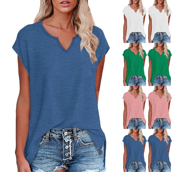 Summer Fashion Plus Size Shirts for Women Trendy Clothes 2025 Sexy Sleeve Sequins Loose Polluer Solid V-Neck Blouse Up to 65% off!