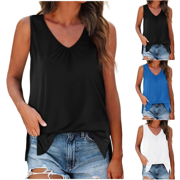 Suumer Fshion Plus Size Workout Tank Tops for Women Solid Color Sleeveless Pleated Hem Slit
