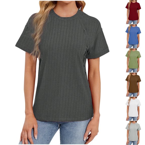 Summer Fashion Plus Size Shirts for Women Trendy Clothes 2025 Solid Color Round Neck Stripe Short Sleeved With Outward Facing Up to 65% off!
