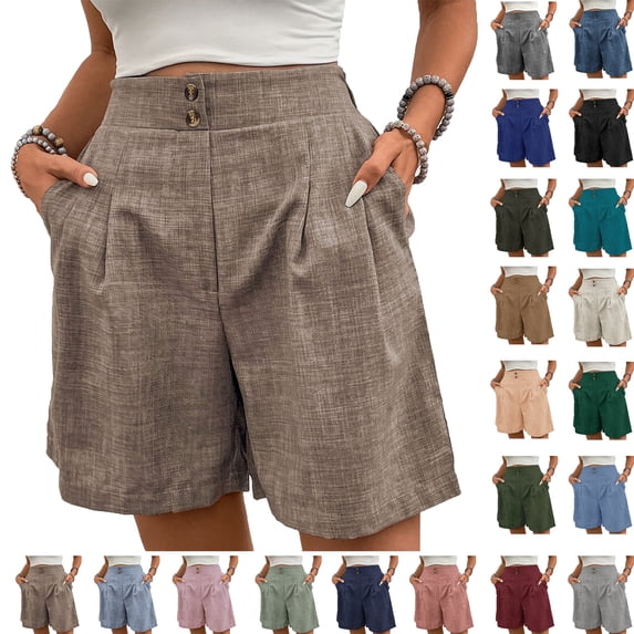 Summer Fashion Plus Size Shorts for Women Trendy Clothes 2025 Cotton Linen Solid Color Loose Straight Leg With Pockets Side Slit Buttons Up to 65% off!