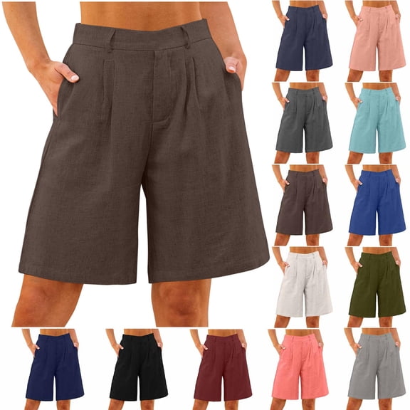 Summer Fashion Plus Size Shorts for Women Trendy Clothes 2025 Cotton Linen Solid Color Loose Straight Leg With Pockets Side Slit Buttons Up to 65% off!