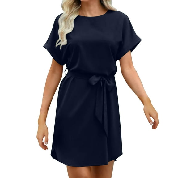 Summer Fashion Plus Size Skirts for Women Trendy Clothes 2025 Solid Color Round Neck Short Sleeve Lace Up Retract Your Waist Satin Fabric Split Fork