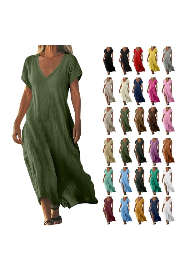 Summer Fashion Plus Size Skirts for Women Trendy Clothes 2025 Solid Color Cotton Linen Short Sleeved V-neck Up to 65% off!