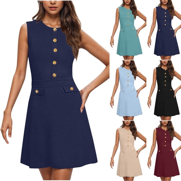 Summer Fashion Plus Size Sun Dresses for Womens 2025 Solid Color Round Neck Sleeveless Decorate Button Cultivate Oneself Work Dress