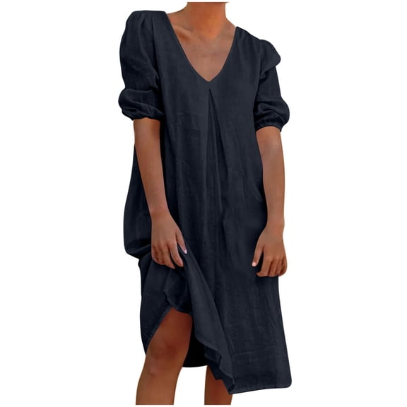 Summer Fashion Plus Size Sun Dresses for Womens 2025 Cotton And Linen Short Sleeved V-neck Short Sleeved Jumpsuit Long Skirt