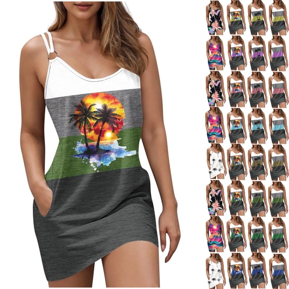 Summer Fashion Plus Size Sun Dresses for Womens 2026 Pockets Casual Round Neck Sleeveless Printing Beach Sundresses Boho Beach Dresses