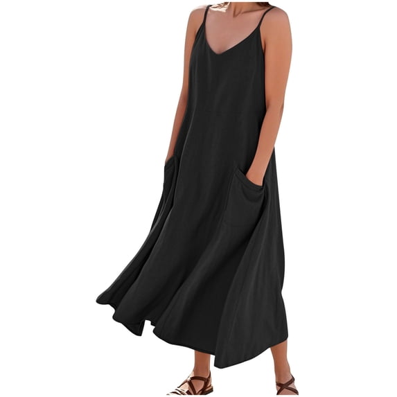 Summer Fashion Plus Size Tank Dresses for Womens 2025 Imitation Cotton And Linen Suspender Solid Color Pocket Jumpsuit Long dress
