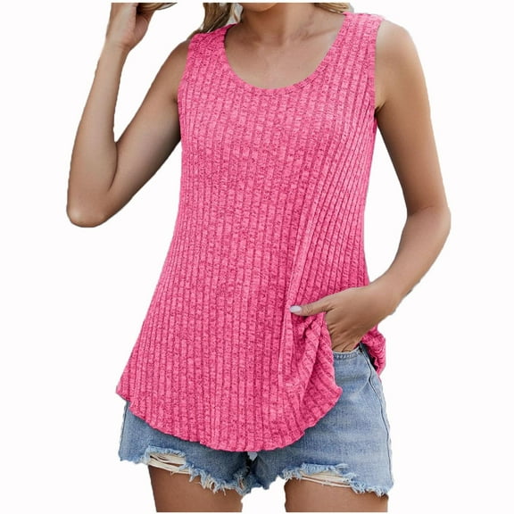 Summer Fashion Plus Size Tank for Women Trendy Clothes 2025 Casual Leisure Round-neck Solid Color Striped Pullover Up to 65% off!