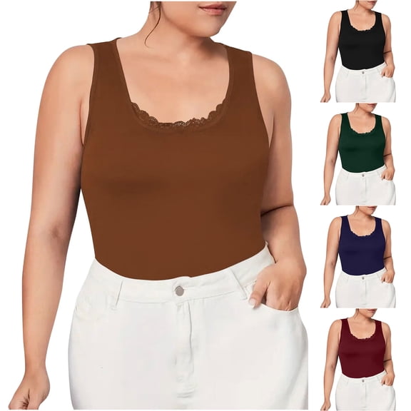 Summer Fashion Plus Size Tank for Women Trendy Clothes 2026 New Plus Size Solid Color Lace U-neck Camisole Sleeveless