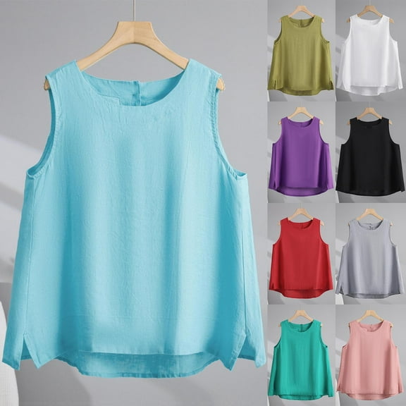 Summer Fashion Plus Size Tank for Women Trendy Clothes 2025 Solid Color Imitation Cotton And Linen Hem Slit Round Neck Buttonable Up to 65% off!