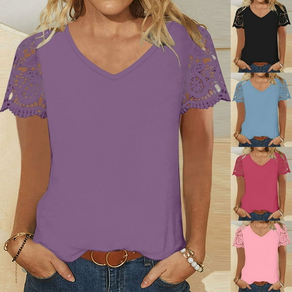 Summer Fashion Plus Size Tops for Womens 2025 Solid Color V-neck Lace Patchwork Short Sleeved T-shirt Short Sleeved V-neck Top/shirt