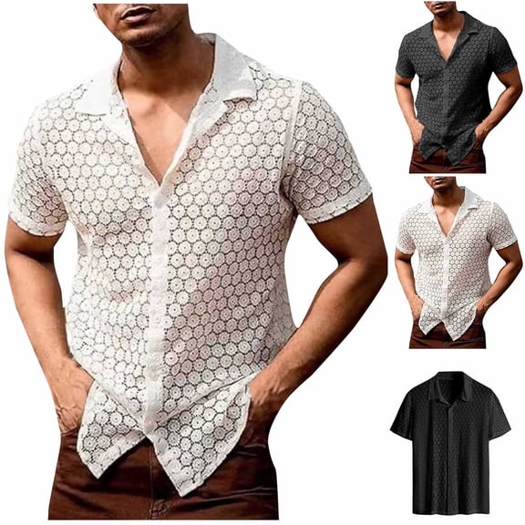 Summer Fashion Plus Size Tops for Men Button Hollow Out Perspective Lace Short Sleeve Flip Collar Shirt