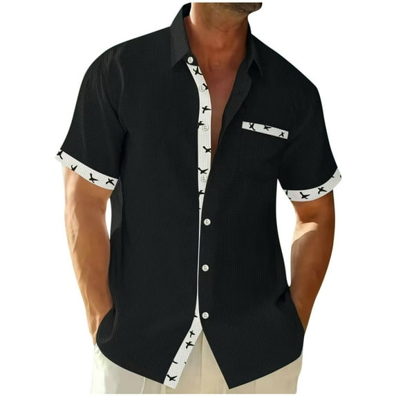 Summer Fashion Plus Size Tops for Men Casual Color Blocked Turndown Collar Button Short Sleeved Shirt