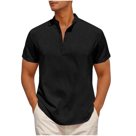 Summer Fashion Plus Size Tops for Men Casual Solid Short Sleeve Stand-up Collar Button Top Blouse